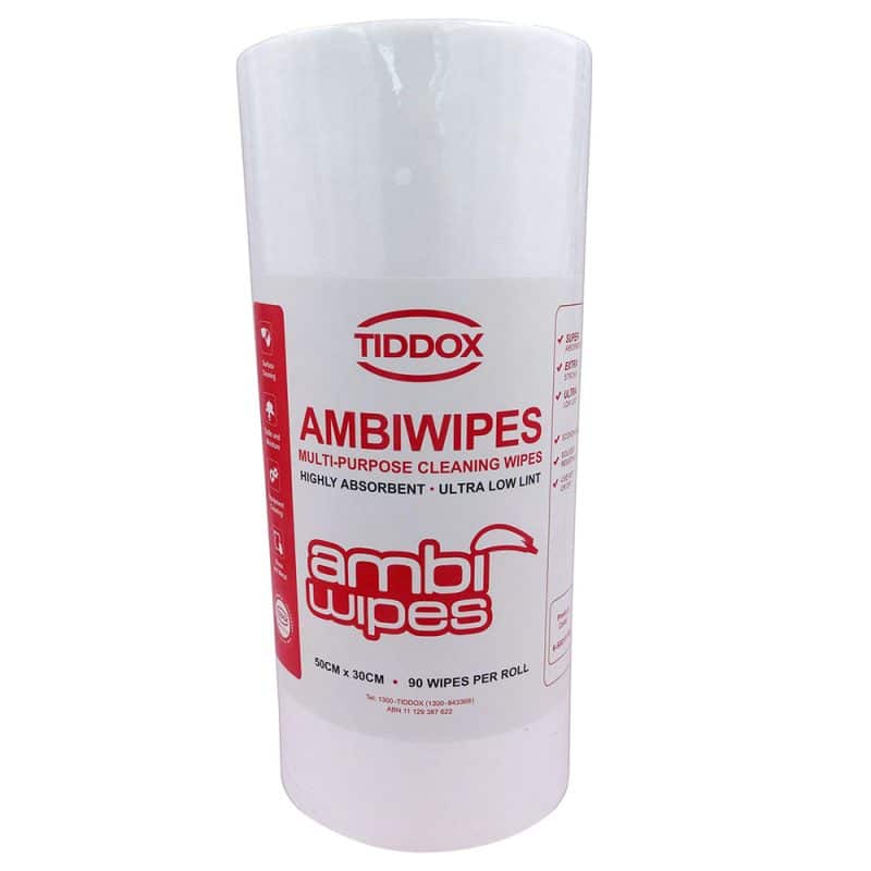 Vertical presentation of a white roll of AmbiWipes enclosed in transparent plastic packaging, distinguished by red text.