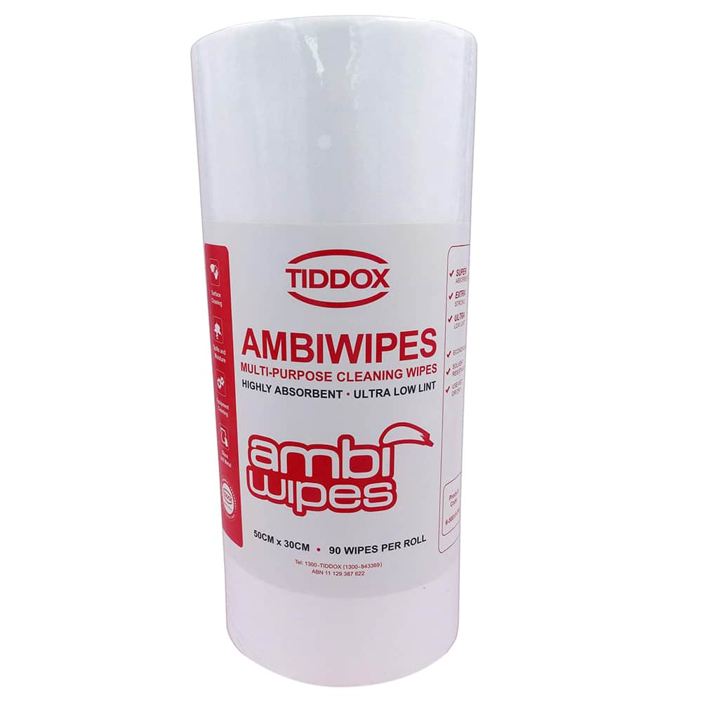 Vertical presentation of a white roll of AmbiWipes enclosed in transparent plastic packaging, distinguished by red text.