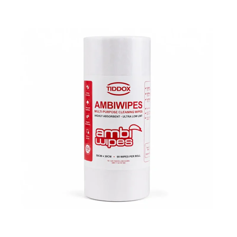 Vertical presentation of a white disposable dry wipes roll of AmbiWipes enclosed in transparent plastic packaging, distinguished by red text. Ambiwipes White Rolls