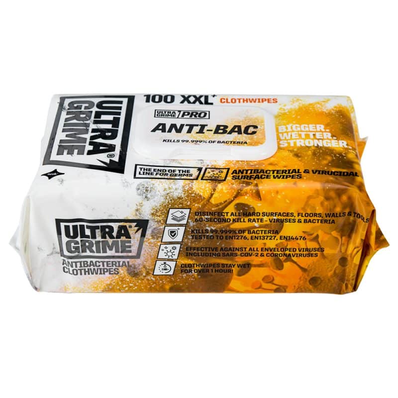 A white and yellow 100g container of Ultra Grit Anti-Bac