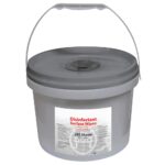 Grey bucket dispenser of antibac wipes labelled disinfectant wipes with a white label that has black writing, with a vertical handle on a white background