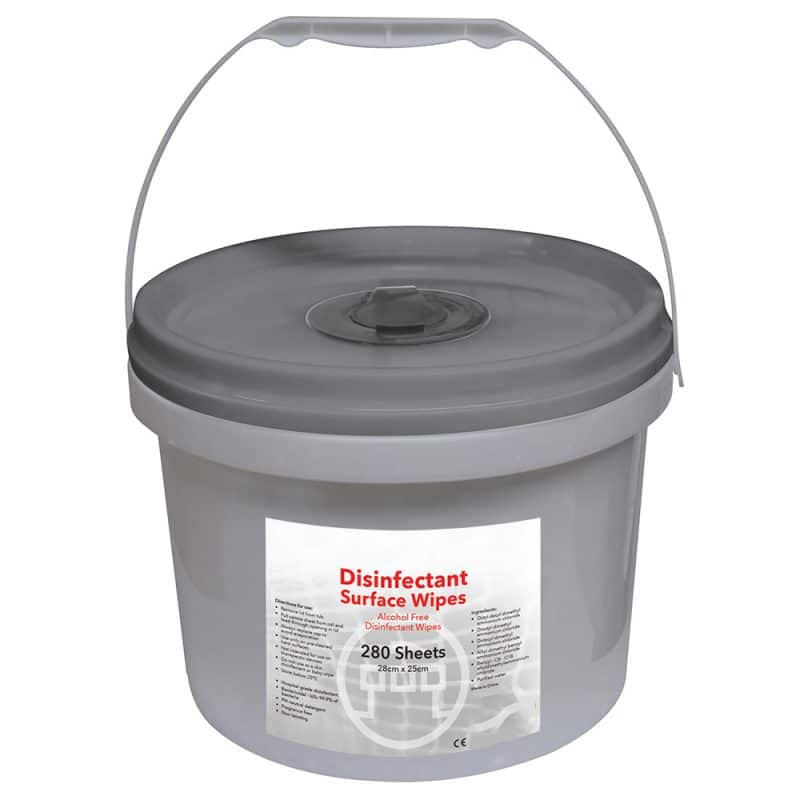 Grey bucket dispenser of disinfectant wipes with a white label that has black writing, with a vertical handle on a white background