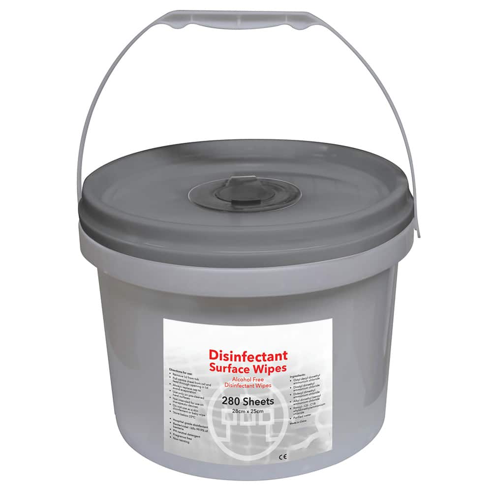 Grey bucket dispenser of disinfectant wipes with a white label that has black writing, with a vertical handle on a white background