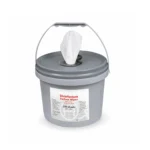 Grey bucket dispenser of antibac wipes labelled disinfectant wipes with a white label that has black writing, with a vertical handle on a white background