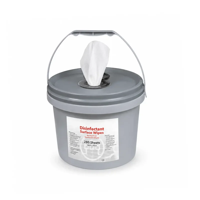 Grey bucket dispenser of antibac wipes labelled disinfectant wipes with a white label that has black writing, with a vertical handle on a white background