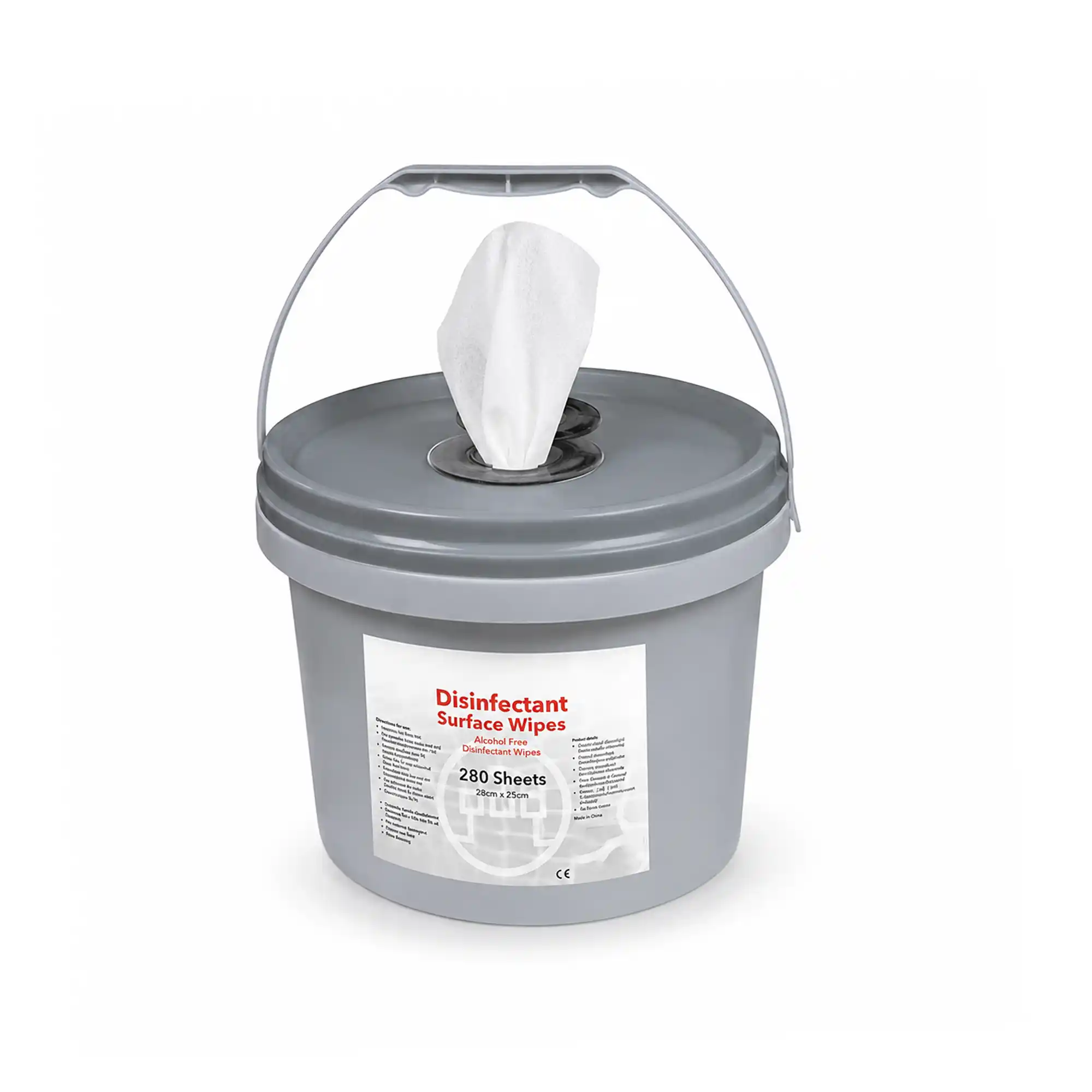 Antibac-Disinfectant-Wipes-7-BSW2726 Grey bucket dispenser of antibac wipes labelled disinfectant wipes with a white label that has black writing, with a vertical handle on a white background