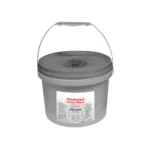 Grey bucket dispenser of antibac wipes labelled disinfectant wipes with a white label that has black writing, with a vertical handle on a white background
