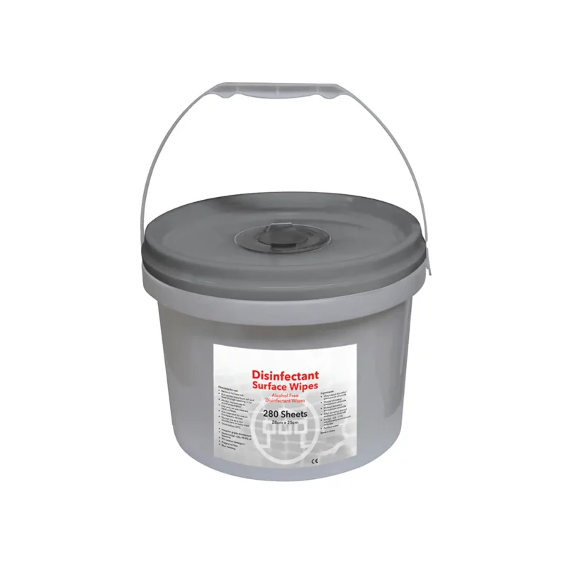 Grey bucket dispenser of antibac wipes labelled disinfectant wipes with a white label that has black writing, with a vertical handle on a white background
