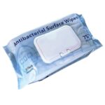 Antibacterial surface wipes in Blue package with a white lid.