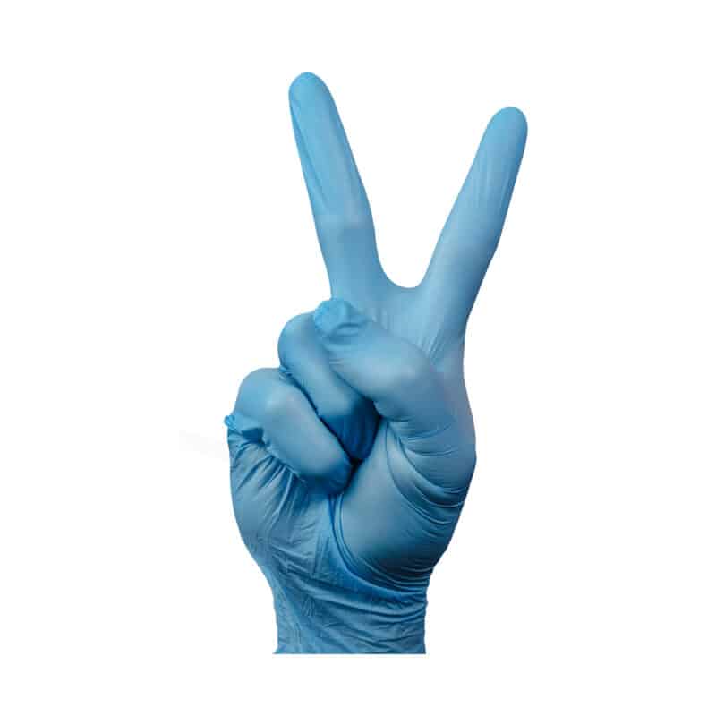 Blue biodegradable nitrile gloves on a hand showing a peace sign on a white background