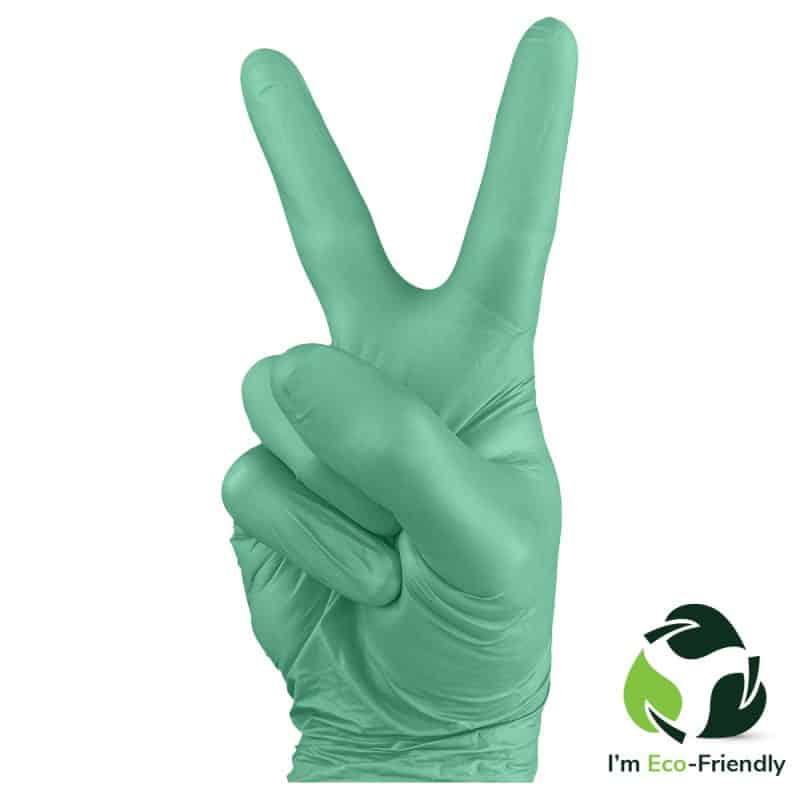 Green glove on a hand showing a peace sign on a white background