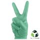 Green biodegradable nitrile gloves on a hand showing a peace sign on a white background