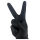 A hand in black nitrile gloves forming the peace sign