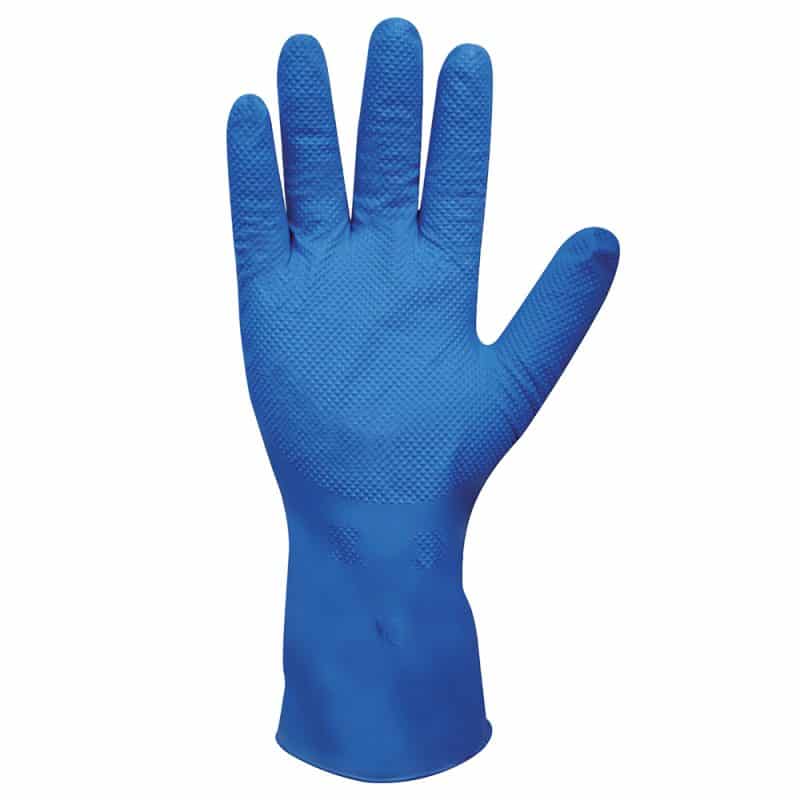 Single blue long cuff glove on a plain background