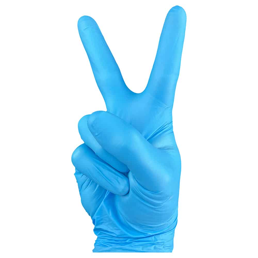 Hand in a blue glove making a peace sign on a white background