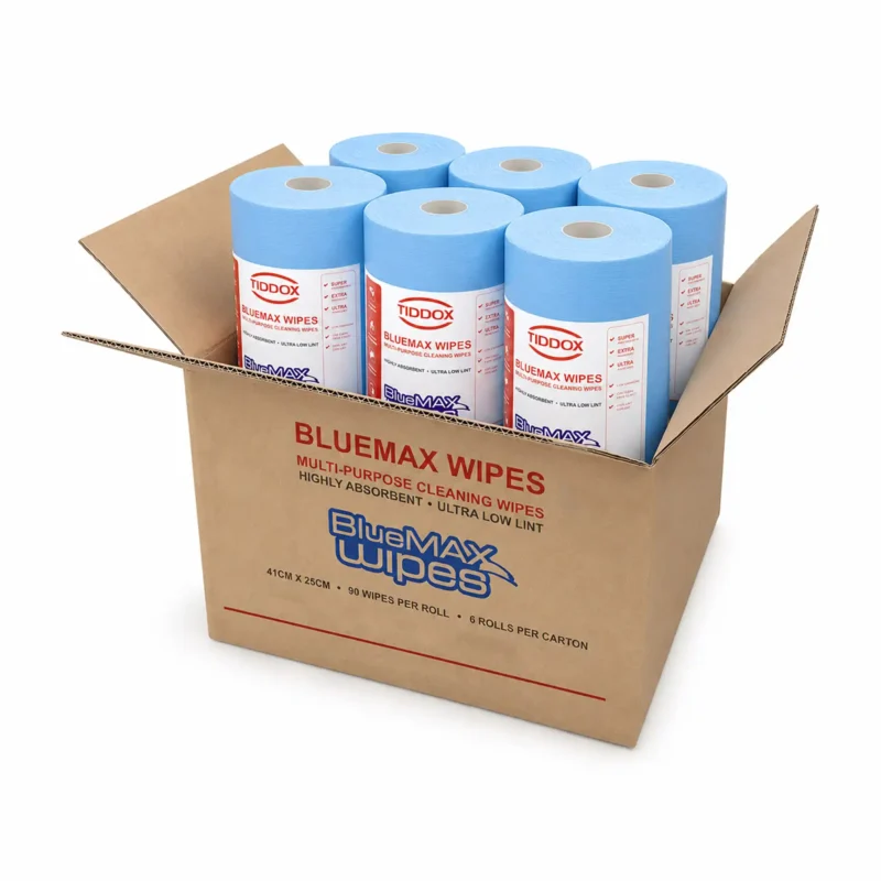 Cardboard box with red writing open with six vertically stacked all purpose wipes roll in it