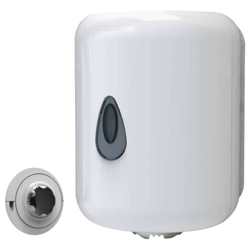 Sleek white wall mounted roll dispenser with centrefeed attachment on the left
