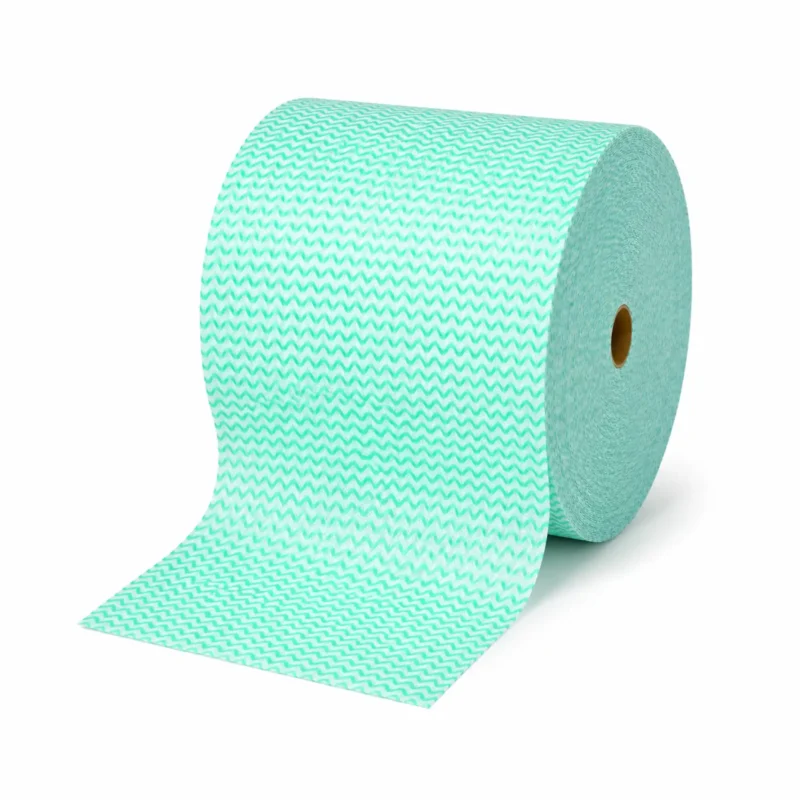 Jumbo wipes roll green roll stacked on it's side on a plain background with a wipe comeing off the roll
