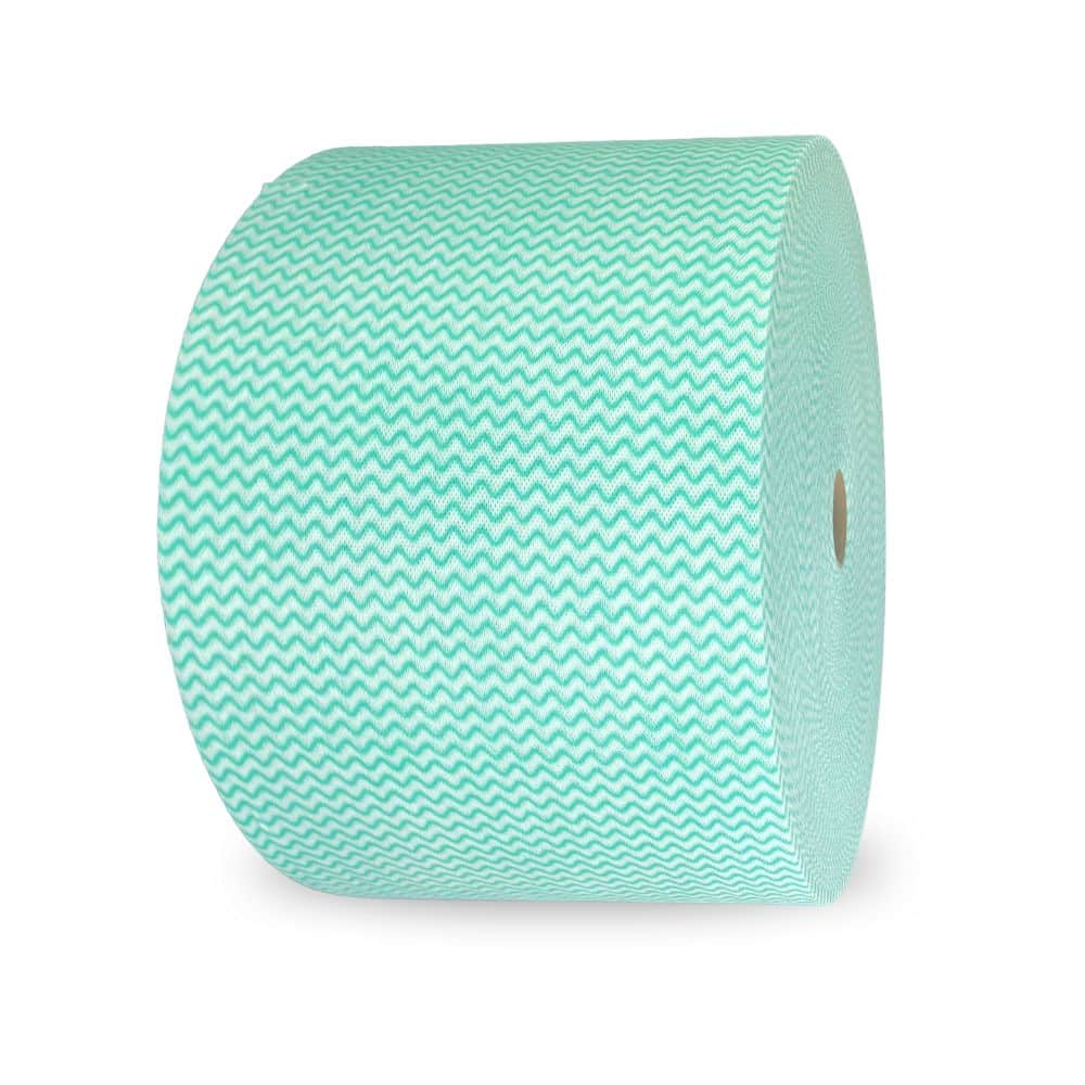 Jumbo wipes roll green roll stacked on it's side on a plain background