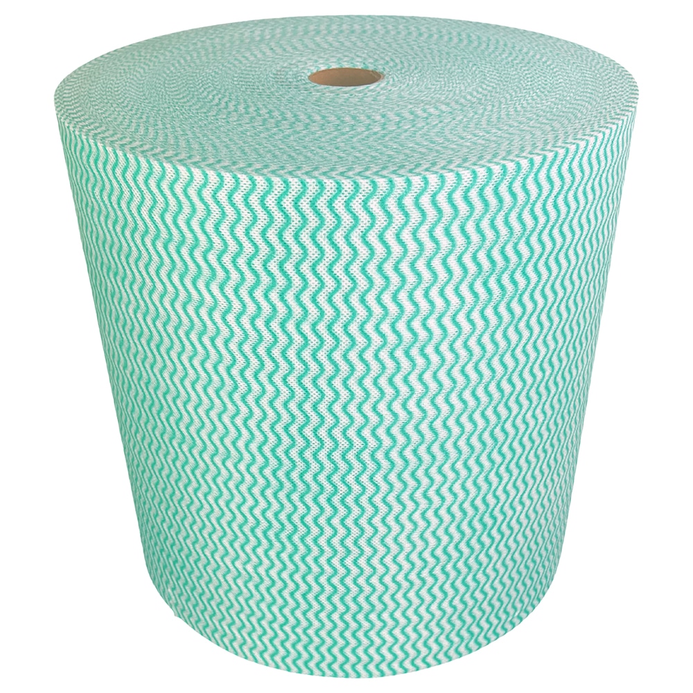 Jumbo green roll vertically stacked on a plain background