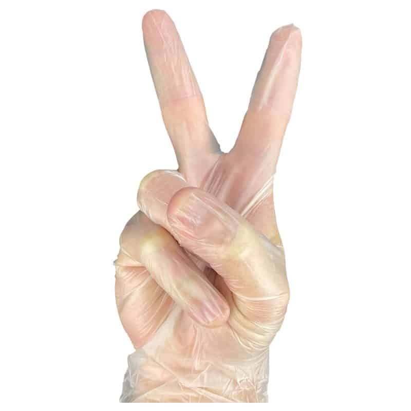 A hand in a clear vinyl glove showing a peace sign