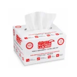 A white box of delicate task wipes with red highlights and a single wipe sticking out the top
