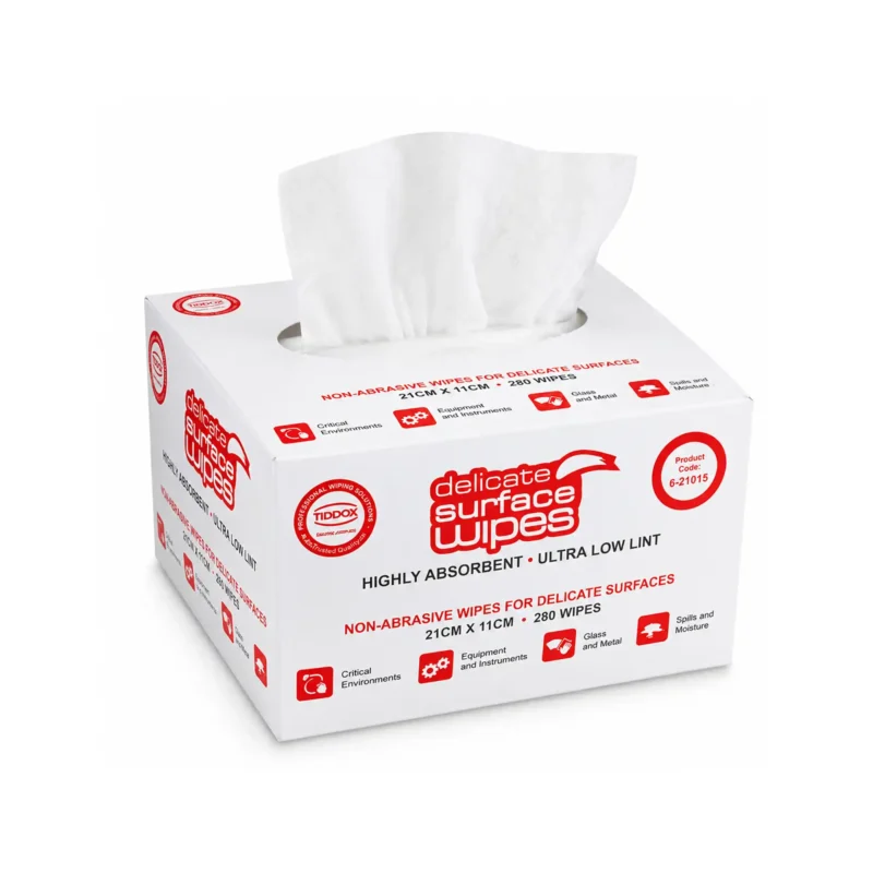 A white box of delicate task wipes with red highlights and a single wipe sticking out the top