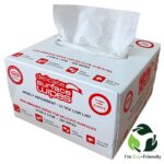 A white box of delicate task wipes with red highlights and a single wipe sticking out the top