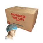 A mannequin displaying blue disposable hair caps, with a carton box with red writing