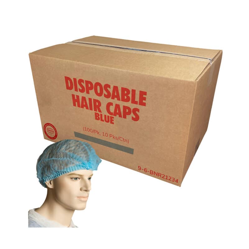 A mannequin displaying blue disposable hair caps, with a carton box with red writing