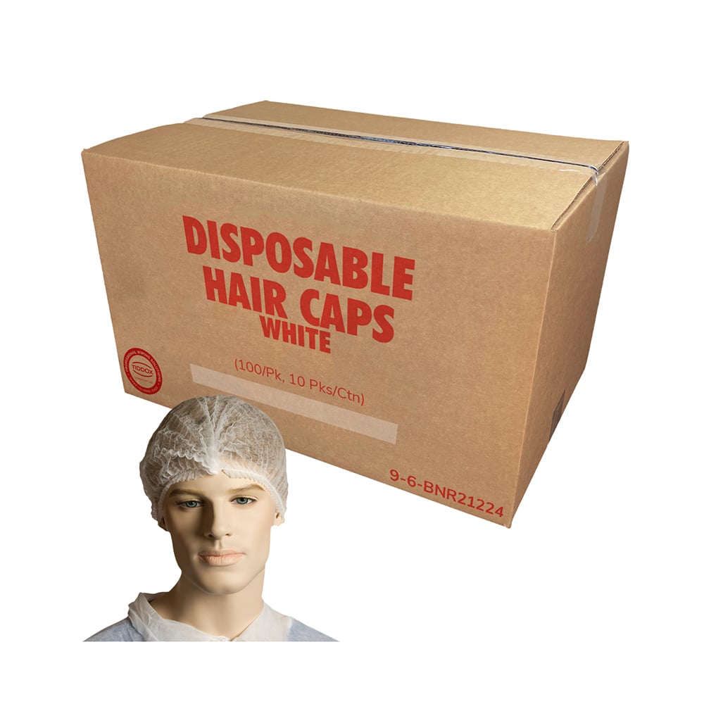 A mannequin displaying white disposable hair caps, with a carton box with red writing