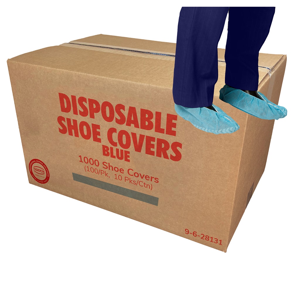 Red-labeled carton box reading 'DISPOSABLE SHOE COVERS,' accompanied by illustrated legs wearing covers in the top right corner.