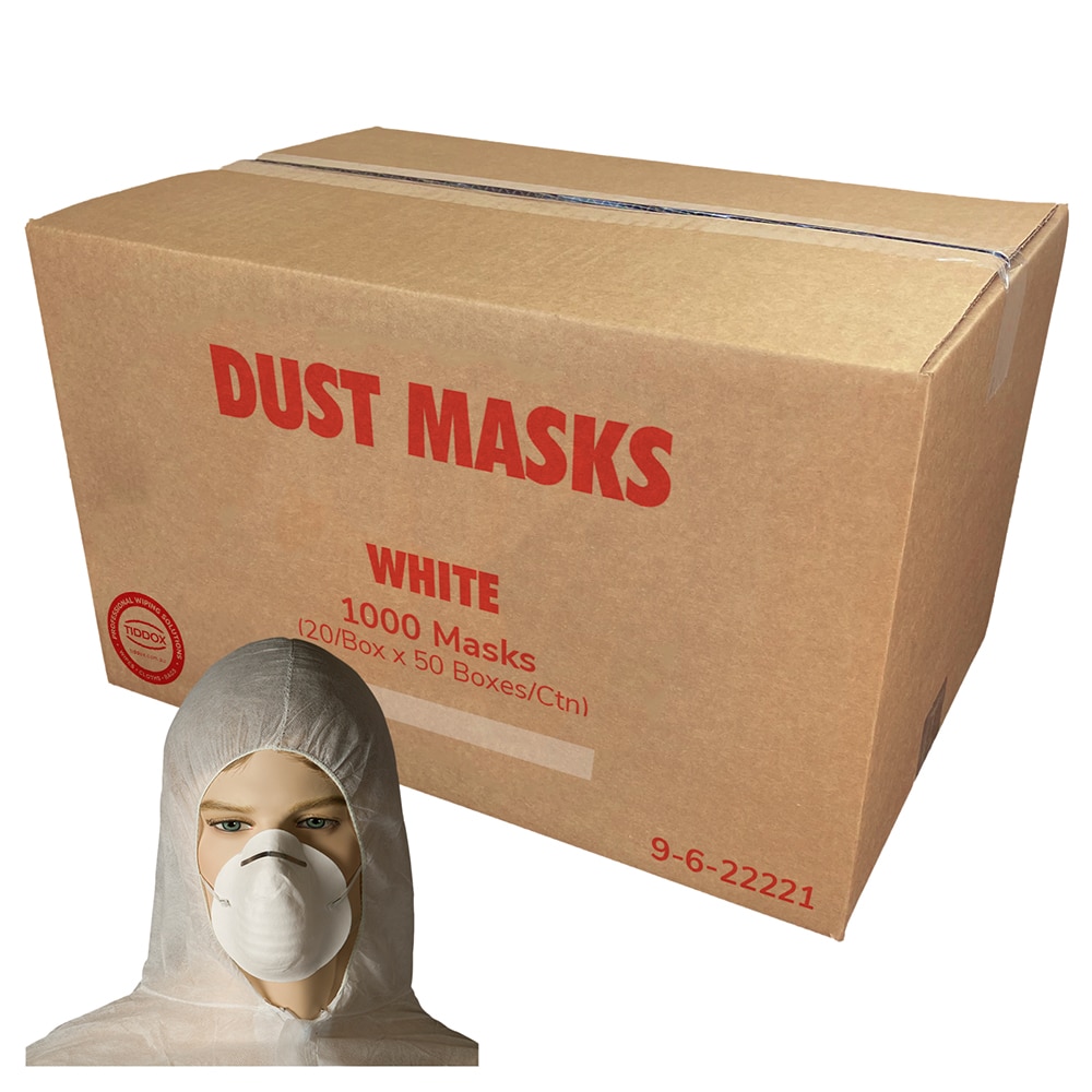 A mannequin head wearing a dust mask with a cardboard box in the background with lard red writing
