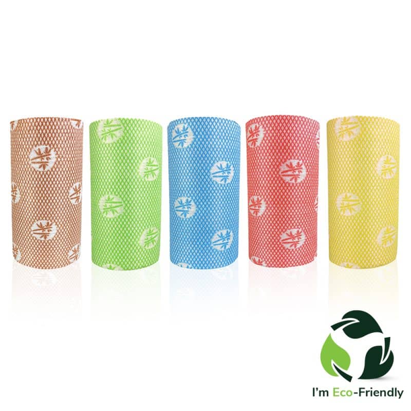 Four different color rolls of Bamboo wipes stacked next to each other with a white background.