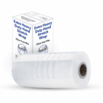 300m Roll of Clear Extra Heavy Duty Hand Stretch Wrap in front of a carton on a white background. TIDDOX