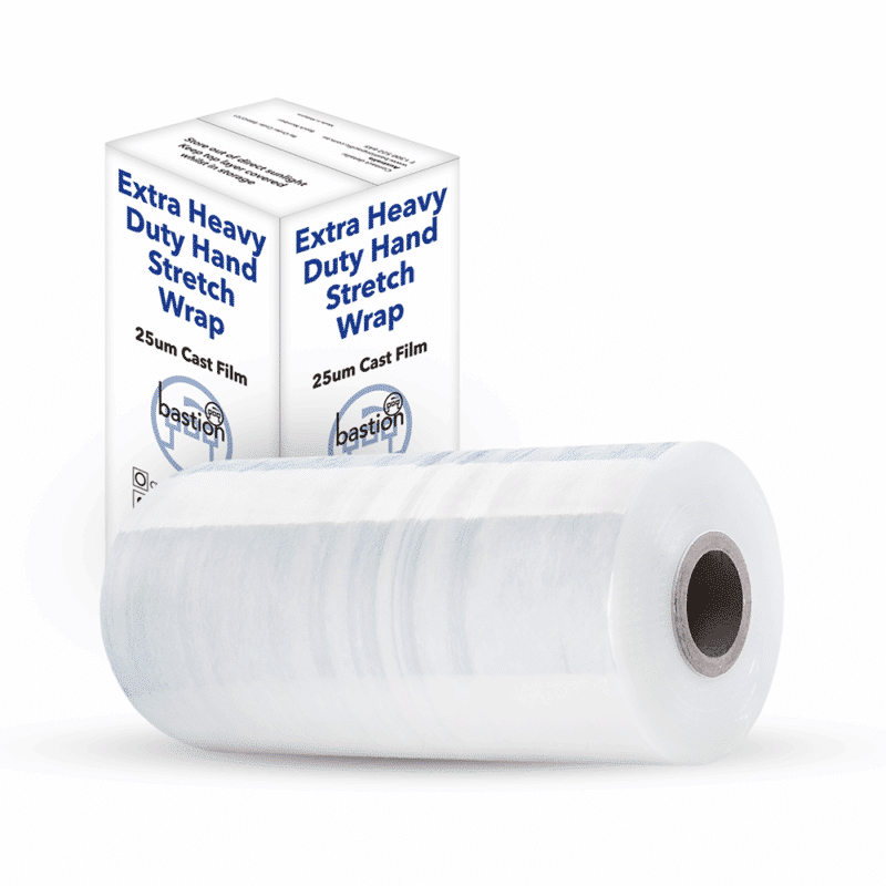 300m Roll of Clear Extra Heavy Duty Hand Stretch Wrap in front of a carton on a white background. TIDDOX