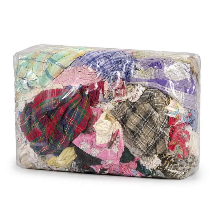 Bundle of multi colored flannel rags with a free shipping banner