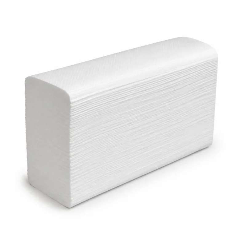Stack of long paper hand towels on a white background