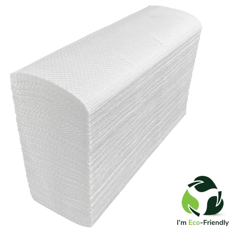 Narrow stack of white hand towels on a white background