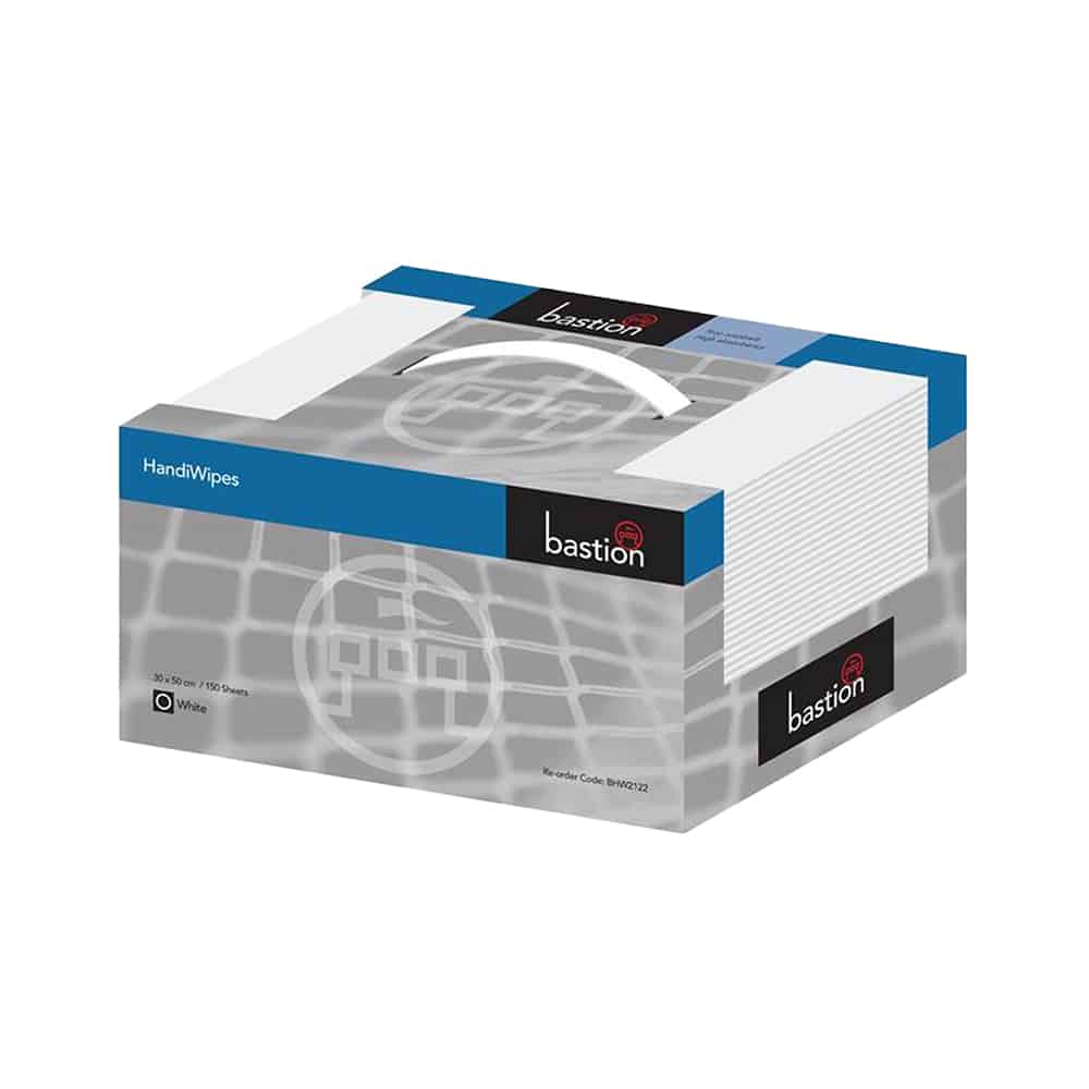 Bastion Handi-Wipes grey and blue box with a white plastic handle on a white background