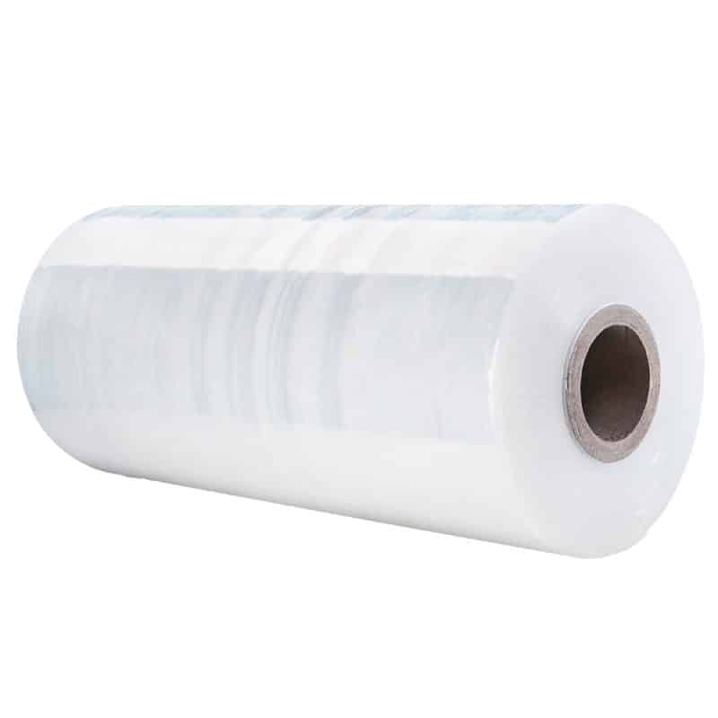 A large clear plastic roll on a white background