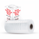 300m Roll of Clear Hand Stretch Wrap in front of a carton on a white background. TIDDOX