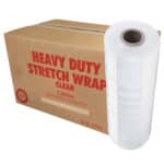 A cardboard box with red writing and a Clear plastic roll of TIDDOX Heavy Duty Hand Stretch Wrap on the right