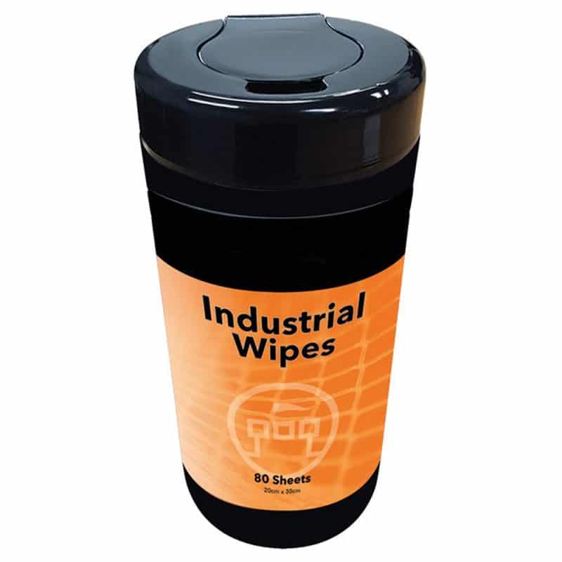 Industrial wipes in black canister with orange label.
