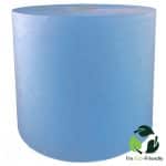 A jumbo blue paper towel roll on a white backdrop