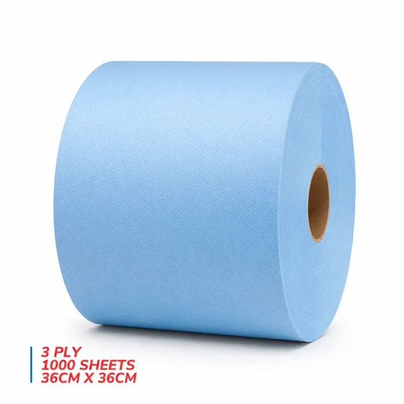 Jumbo paper towel 3Ply Blue roll stacked on its side on a white background.