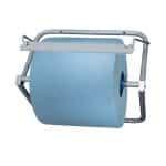 Grey metal wall-mount jumbo roll dispenser with a TIDDOX blue jumbo paper towel roll mounted