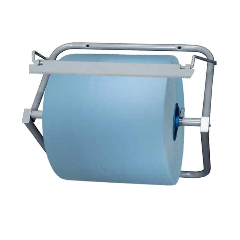 Grey metal wall-mount jumbo roll dispenser with a TIDDOX blue jumbo paper towel roll mounted