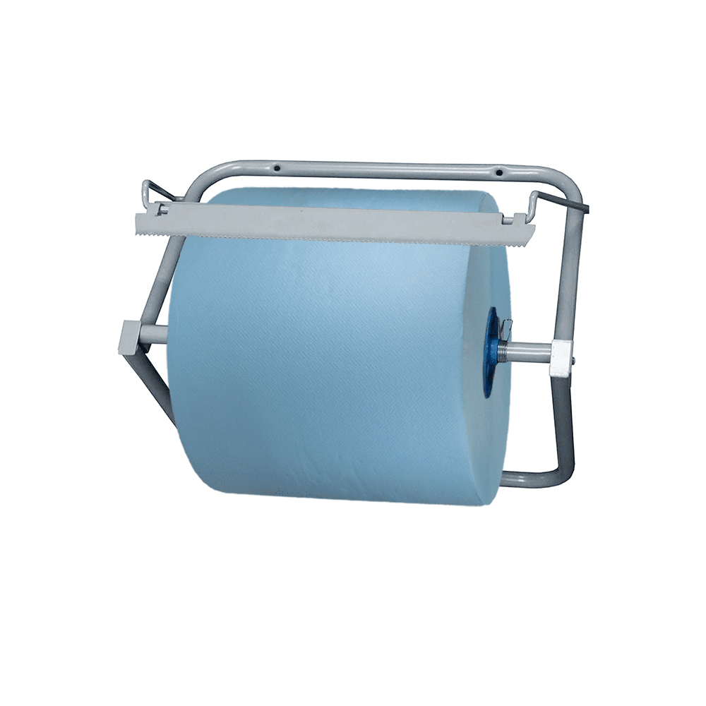 Grey metal jumbo wall despenser with a blue jumbo paper towel roll mounted