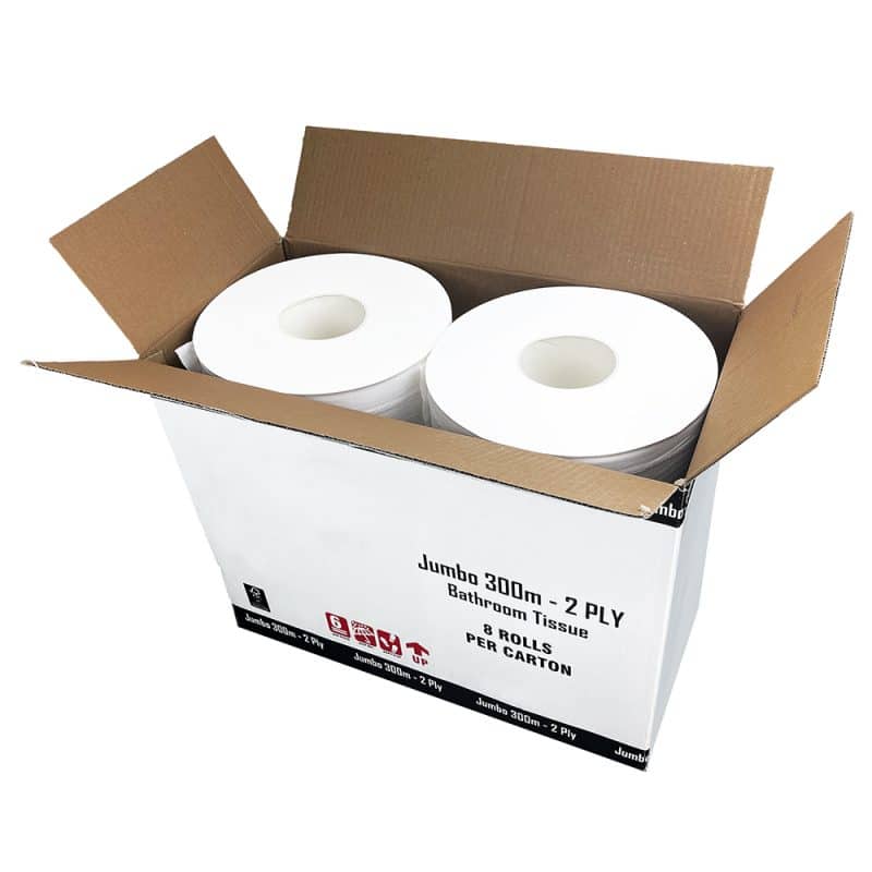 An open white and black cardboard box of showing two rolls of white toilet paper on a white background.